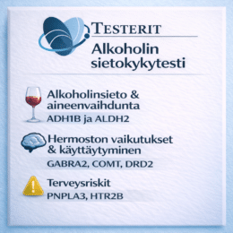 Testerit Alkoholin sietokykytesti on geneettinen DNA-testi, joka selvittää alkoholitoleranssia, aineenvaihduntaa ja alkoholiin liittyviä terveysriskejä